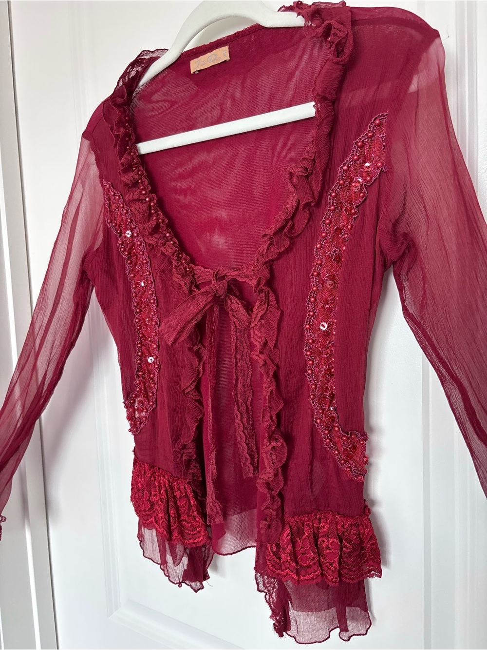 Vintage J2D 75% Silk Burgundy Beaded Ruffle Tie Front Blouse Fairycore Y2K S - Picture 4 of 11